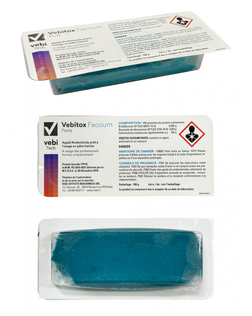 Carton blanc de 10 kg de VEBITOX FACOUM PASTA, rodenticide professionnel en barquettes de 100 g au Brodifacoum.
