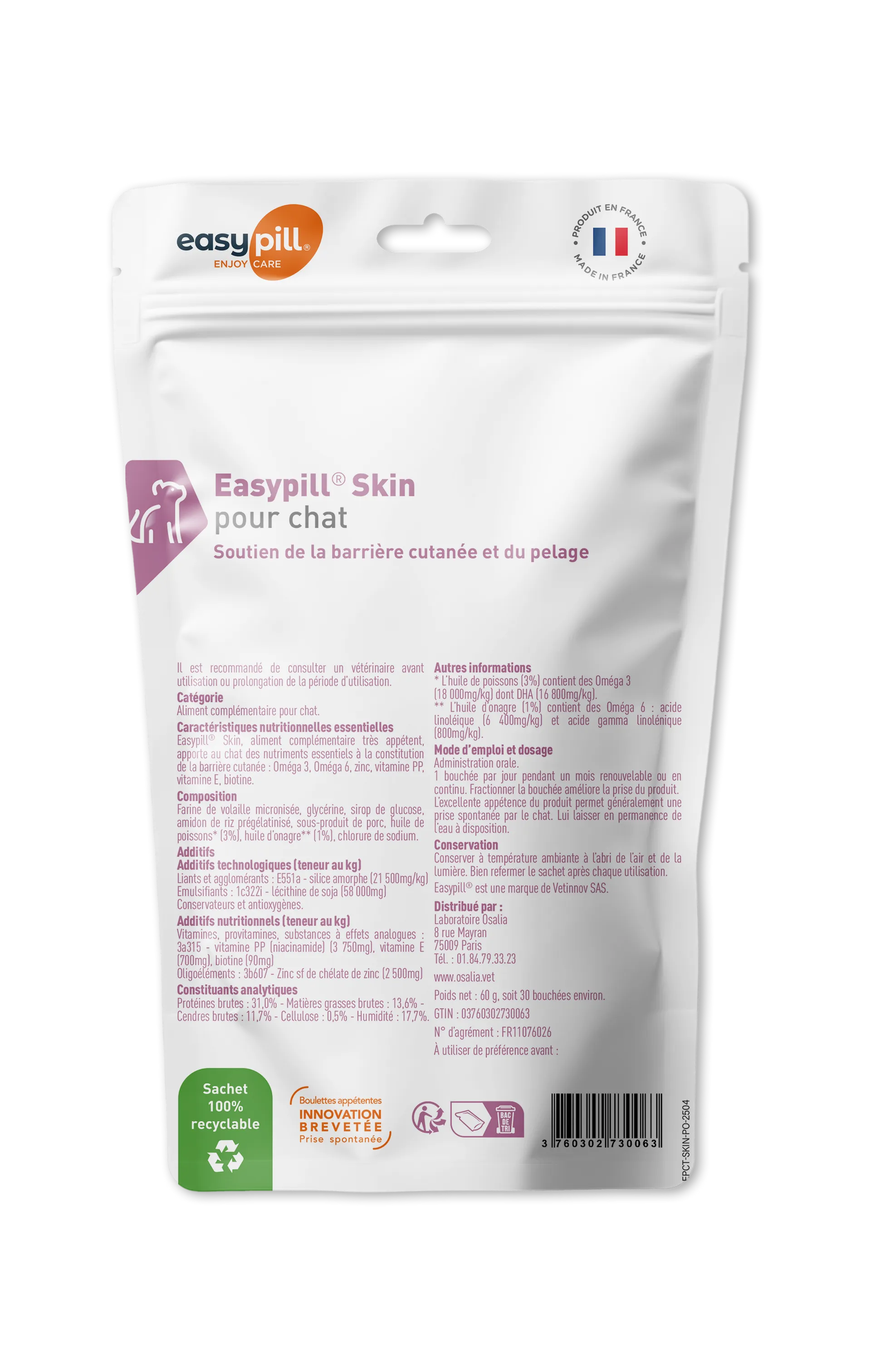Sachet Easypill Skin Chat Osalia 30 bouchées pelage brillant dermatose