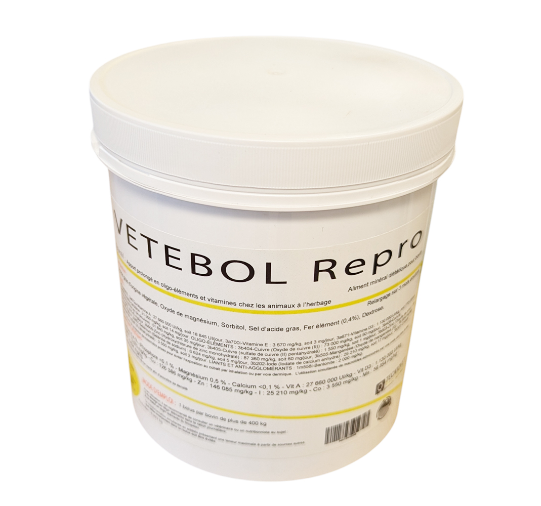 Vetebol Repro 16x61g – bolus reproduction et fertilité pour bovins, complément vitaminé et minéral Savetis