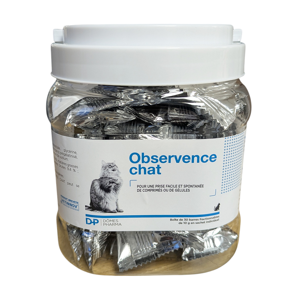 Pot d’Observence Chat TVM contenant 30 barres de pâte appétente pour chats, destiné à faciliter la prise de comprimés vétérinaires.