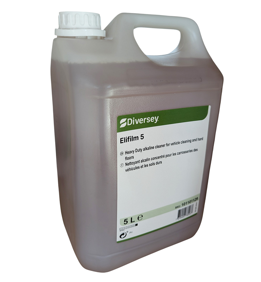 Bidon de 5 litres de nettoyant alcalin concentré ELIFILM 5 Diversey pour le nettoyage intensif des véhicules et engins agricoles sans traces ni corrosion.