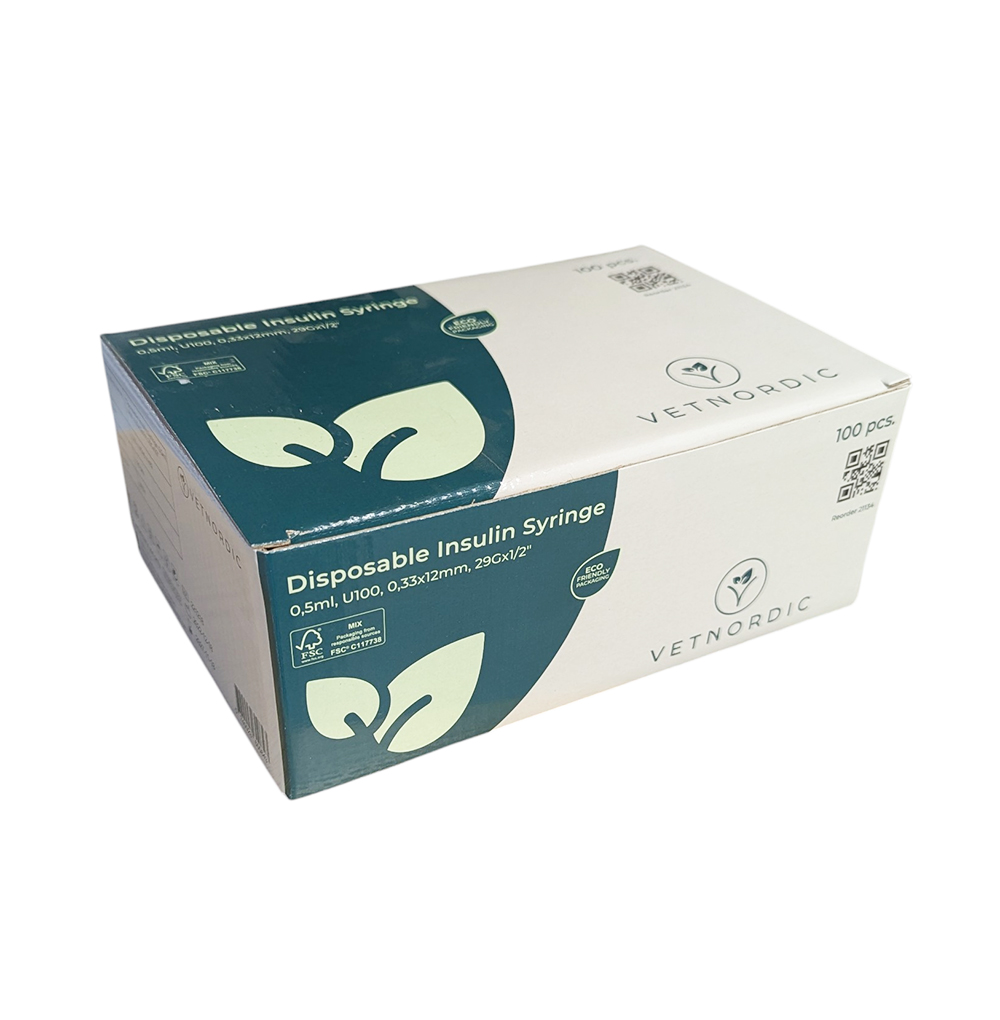 Boîte de 100 seringues à insuline VetNordic 0,5 ml U-100 avec aiguille sertie 29G.