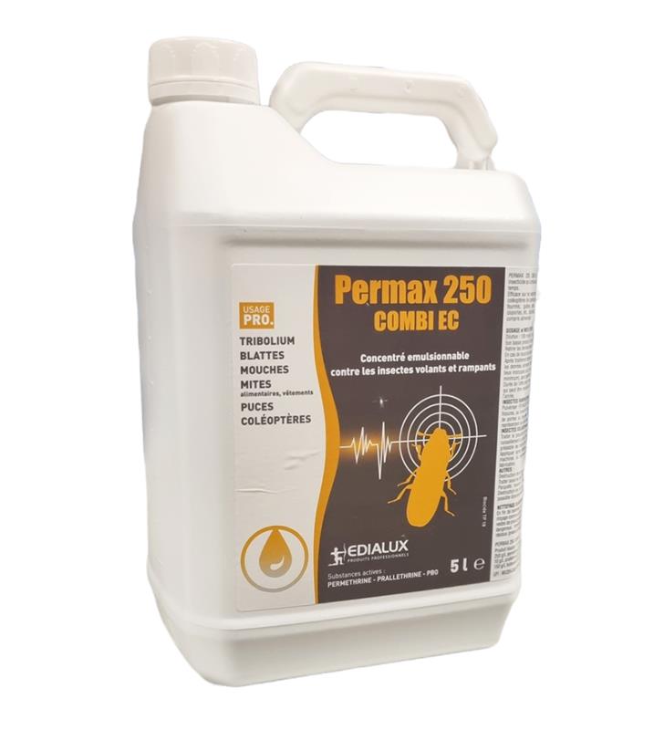Bidon blanc de 5 litres de l'insecticide professionnel Permax 250 Combi EC d'Edialux pour le traitement des insectes rampants et volants.