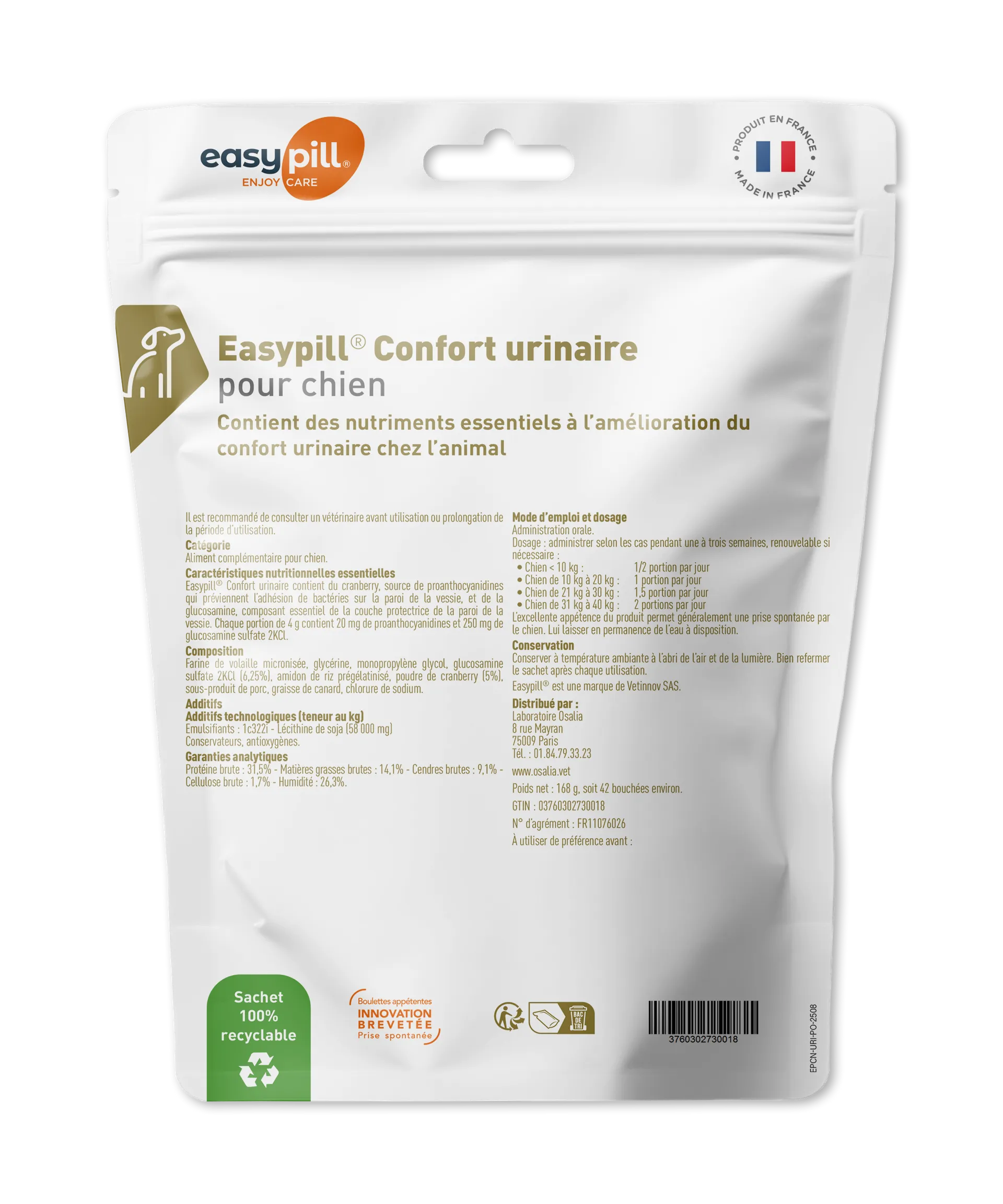 Sachet Easypill Confort Urinaire Chien Osalia 42 bouchées cranberry glucosamine