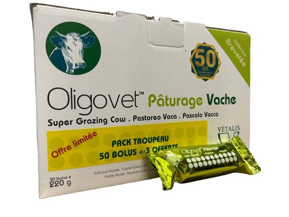 Boîte de 50 bolus Oligovet Pâturage Vache Vétalis, action 250 jours pour la mise à l'herbe.