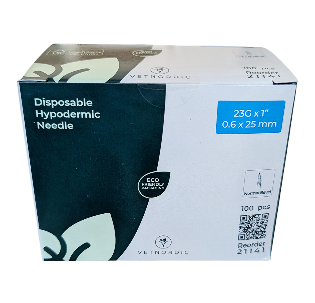 Boîte de 100 aiguilles hypodermiques VetNordic 23G Bleue 25mm, pour chats et NAC.
