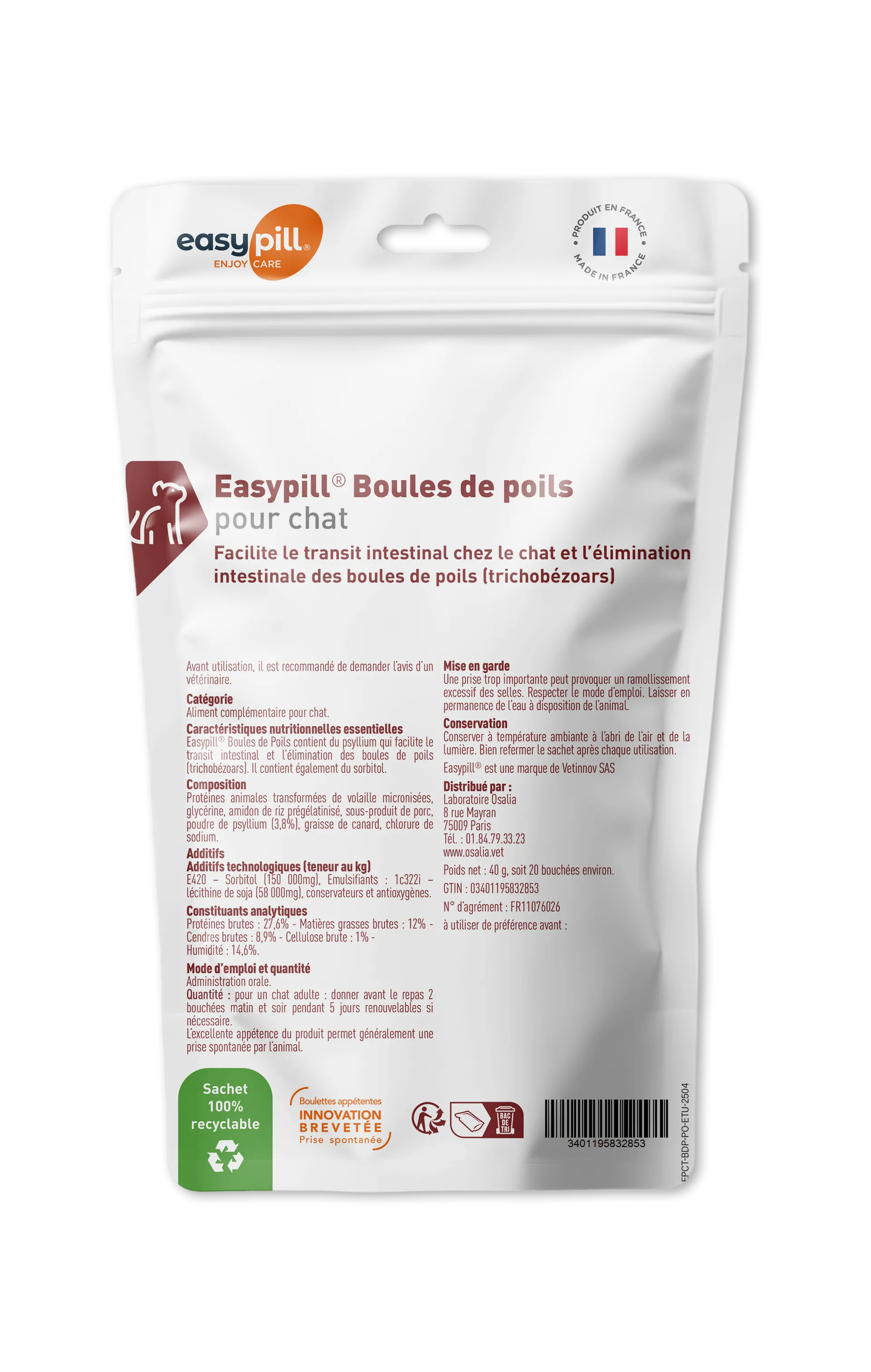 Sachet d'Easypill Boules de poils pour chat, bouchées appétentes pour l'élimination intestinale des trichobézoars et l'amélioration du transit.