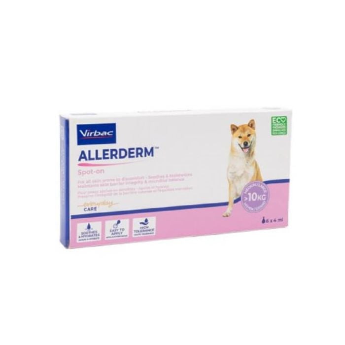 Allerderm Spot-On 6 x 4 ml Virbac – soin cutané réparateur pour chien à peau sensible, hydratation et barrière cutanée renforcée.