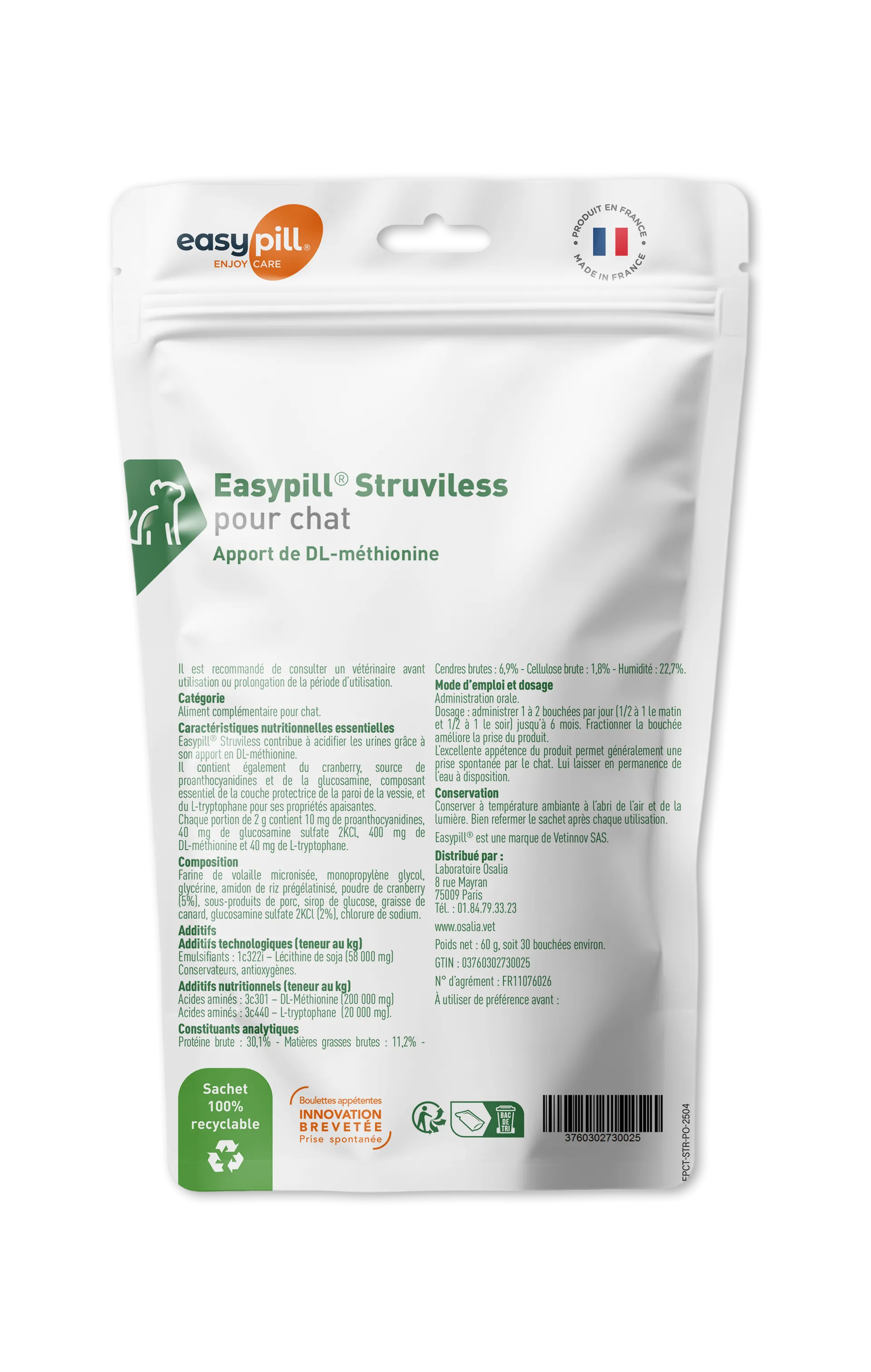 Sachet Easypill Struviless Chat Osalia 30 bouchées struvites methionine