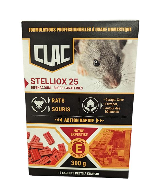 Boîte de rodenticide Clac STELLIOX 25 contenant 12 sachets de 25 g de blocs paraffinés au difénacoum pour éliminer rats et souris en zones humides.