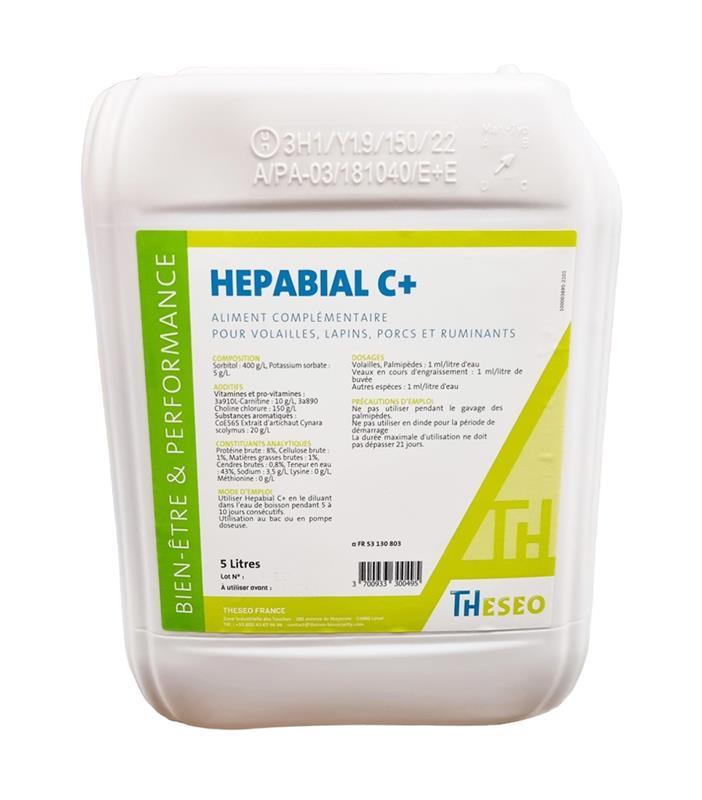 Bidon blanc de 5 litres d'HEPABIAL C+ de THESEO, aliment complémentaire pour le soutien hépatique et la digestion des lipides chez les volailles, lapins et ruminants.
