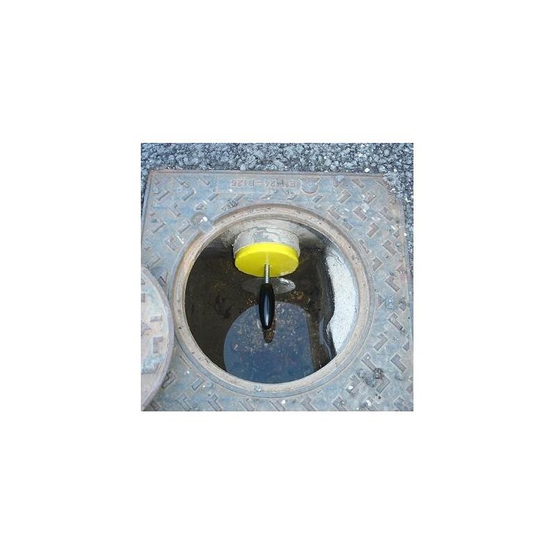 Obturateur conique jaune en polyuréthane Ø 120mm avec poignée noire de manutention.