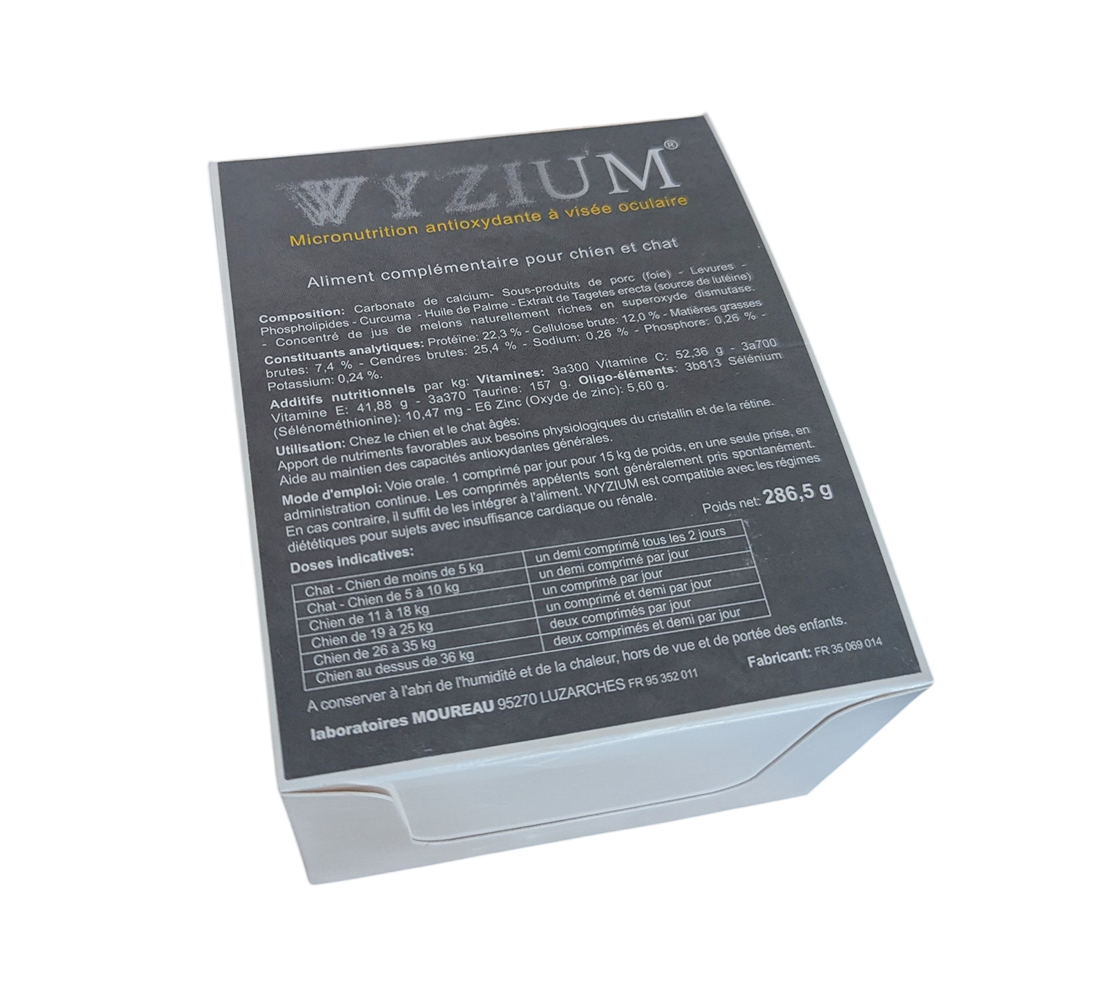Boîte de 300 comprimés de WYZIUM avec blisters, complément alimentaire antioxydant pour la vision des chiens et chats.