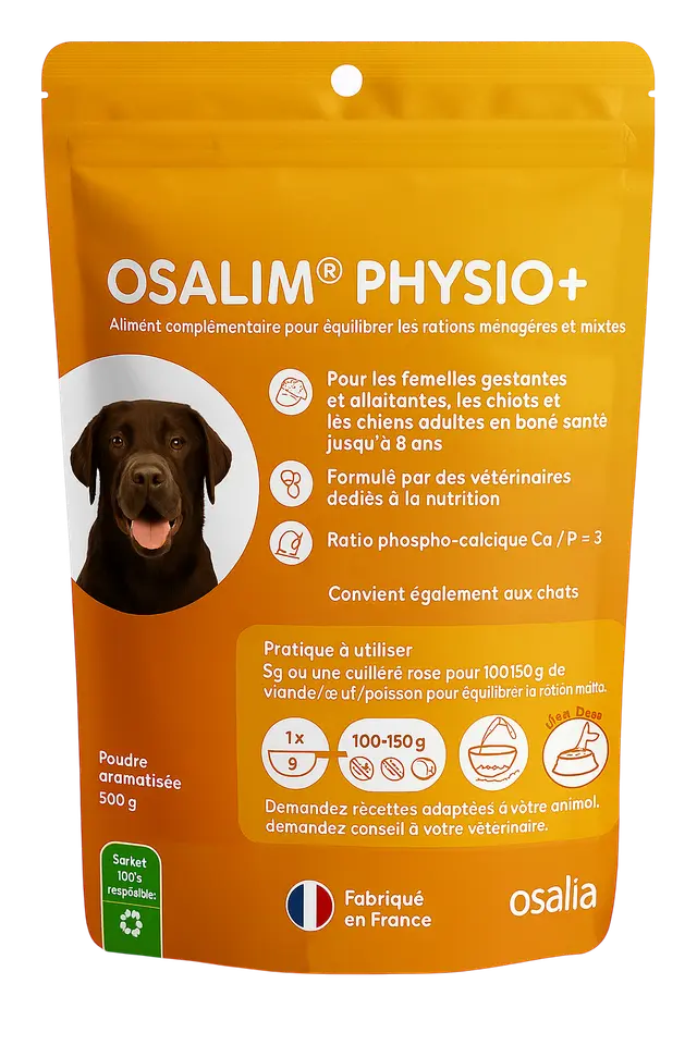 Osalim Physio+ Chien Osalia – complément nutritionnel pour femelles gestantes, allaitantes et chiots, formule équilibrée calcium-phosphore.