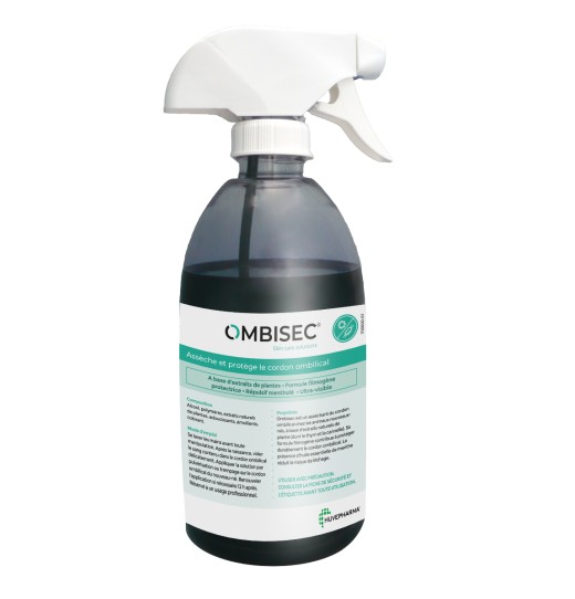 Flacon spray de 500 ml Ombisec de Huvepharma, solution bleue pour l'assèchement et la protection du cordon ombilical des nouveau-nés.