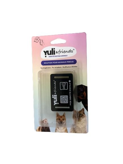 Plaque identification silicone noir Yuli taille S pour chat et petit chien connectée NFC QR code
