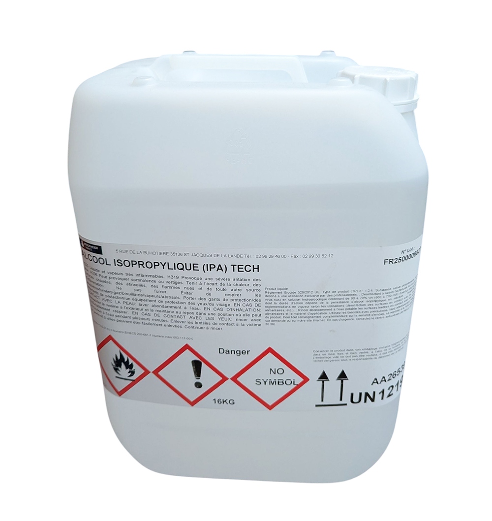 Bidon de 16 kg d'Alcool Isopropylique (IPA) Grade Biocide par Stockmeier France, désinfectant pur à plus de 99,8 % pour surfaces et hygiène humaine.