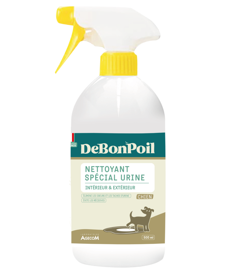 Flacon spray blanc de 500 ml de Nettoyant Spécial Urine Chien DeBonPoil intérieur et extérieur avec pistolet jaune.