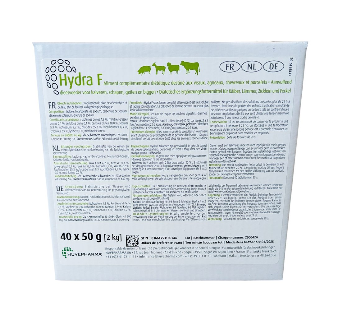 Boîte blanche et grise d'Hydra F de Huvepharma montrant un sachet individuel de galet effervescent de 50 g pour la réhydratation des veaux.