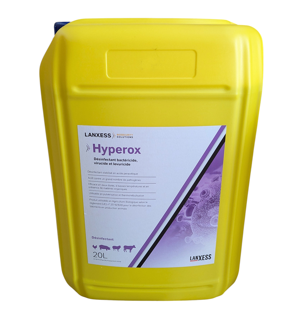Bidon jaune de 20 litres de désinfectant Hyperox™ LANXESS pour usage vétérinaire et élevage.