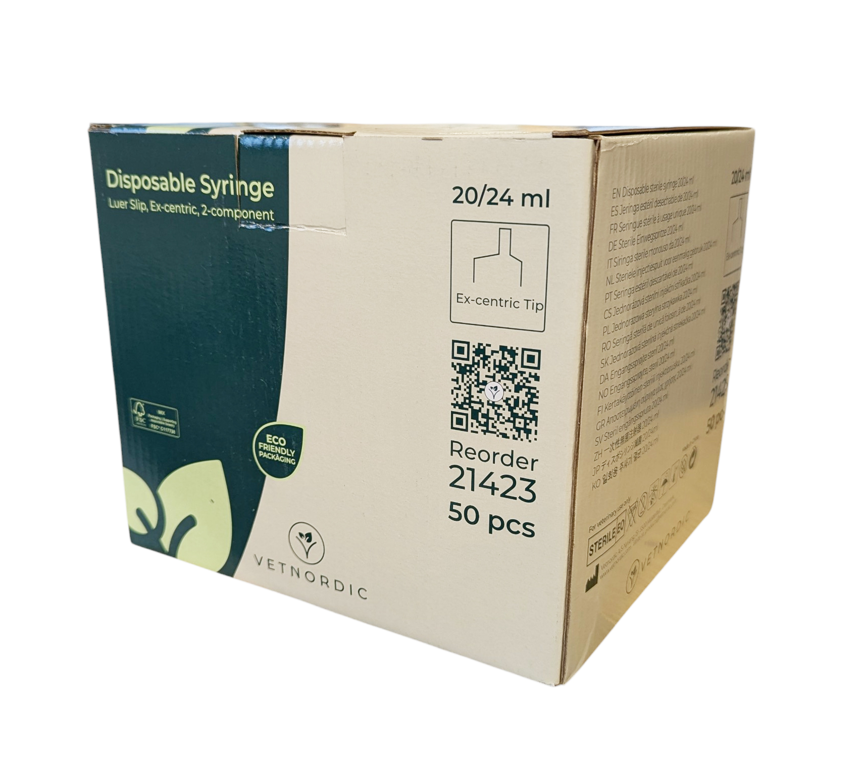 Boîte de 50 seringues vétérinaires 20-24 ml VetNordic 2 composants sans joint caoutchouc avec embout ex-centré