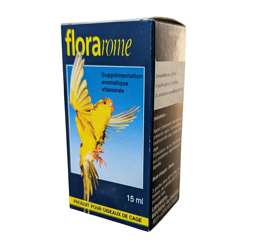 Boîte et flacon de 15 ml de Florarome, supplément aromatique vitaminé pour oiseaux de cage avec l'image d'une perruche jaune en vol.
