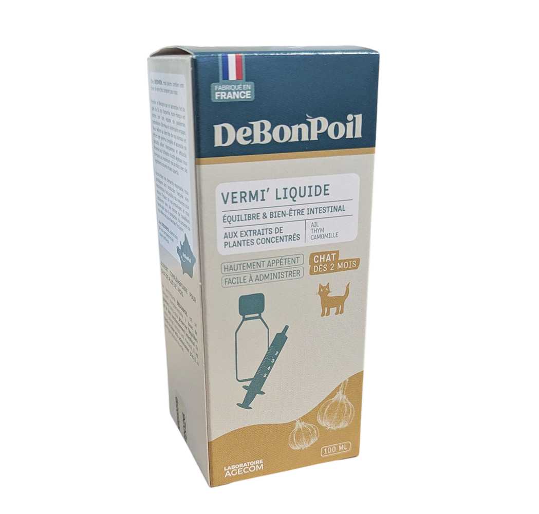 Flacon 100 ml Vermi’ Liquide DeBonPoil avec seringue de dosage pour l'équilibre intestinal du chat.