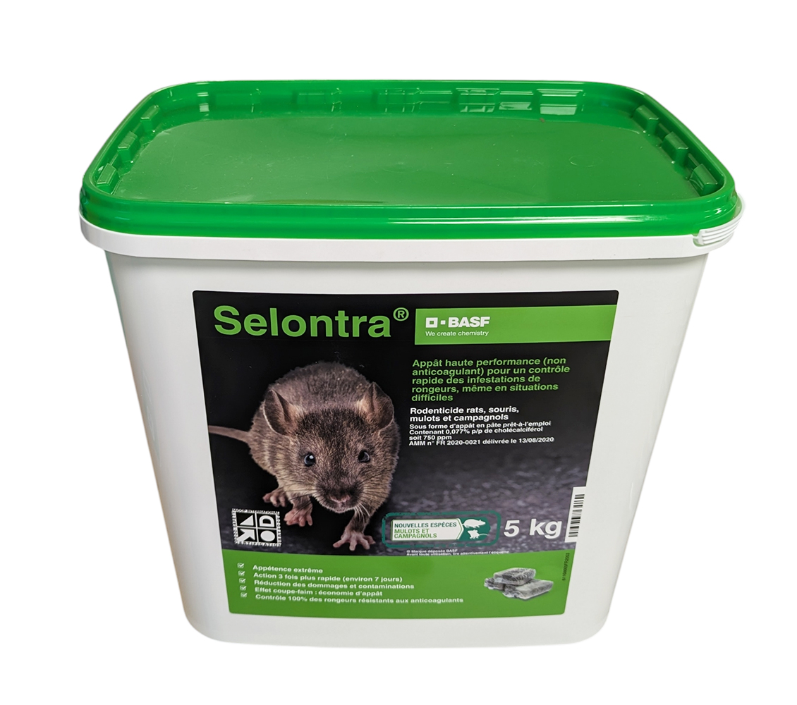 Seau de 5 kg Selontra BASF, appât haute performance en pâte pour rats et souris.