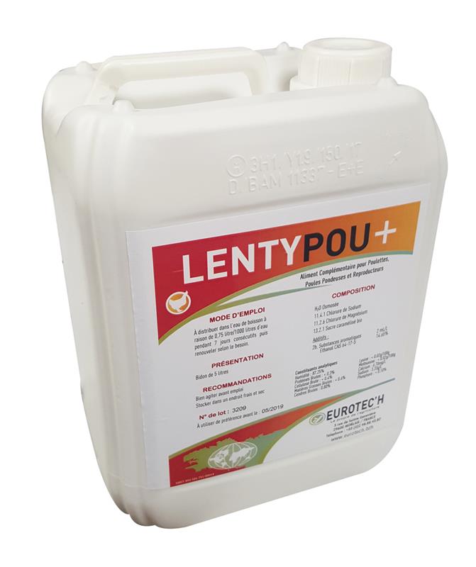 Bidon de 5 litres de LENTYPOU+ Eurotec'h, complément alimentaire naturel pour le confort des volailles contre les poux, format professionnel pour agriculture biologique.