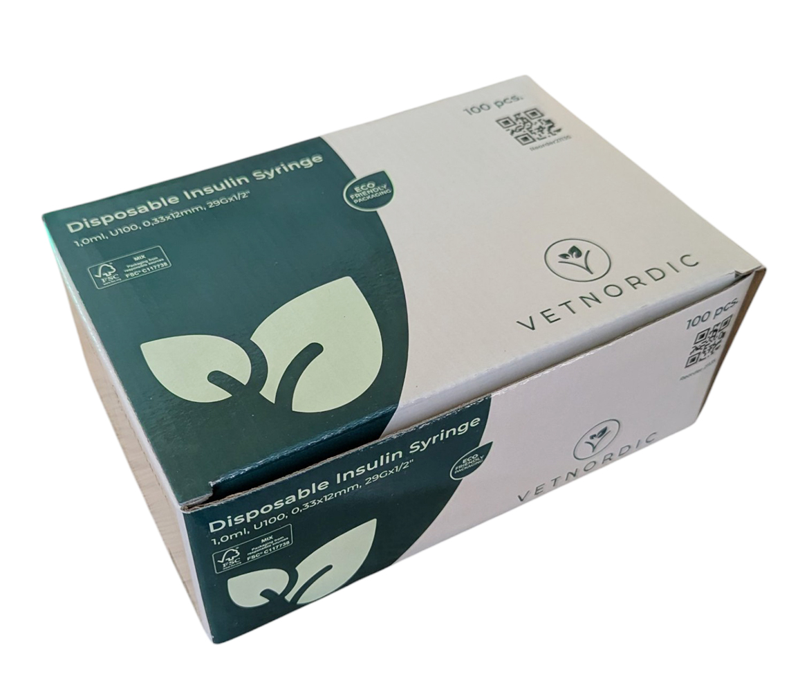 Boîte seringues insuline VetNordic 1ml U100 aiguille 29G pour chien chat diabétique.