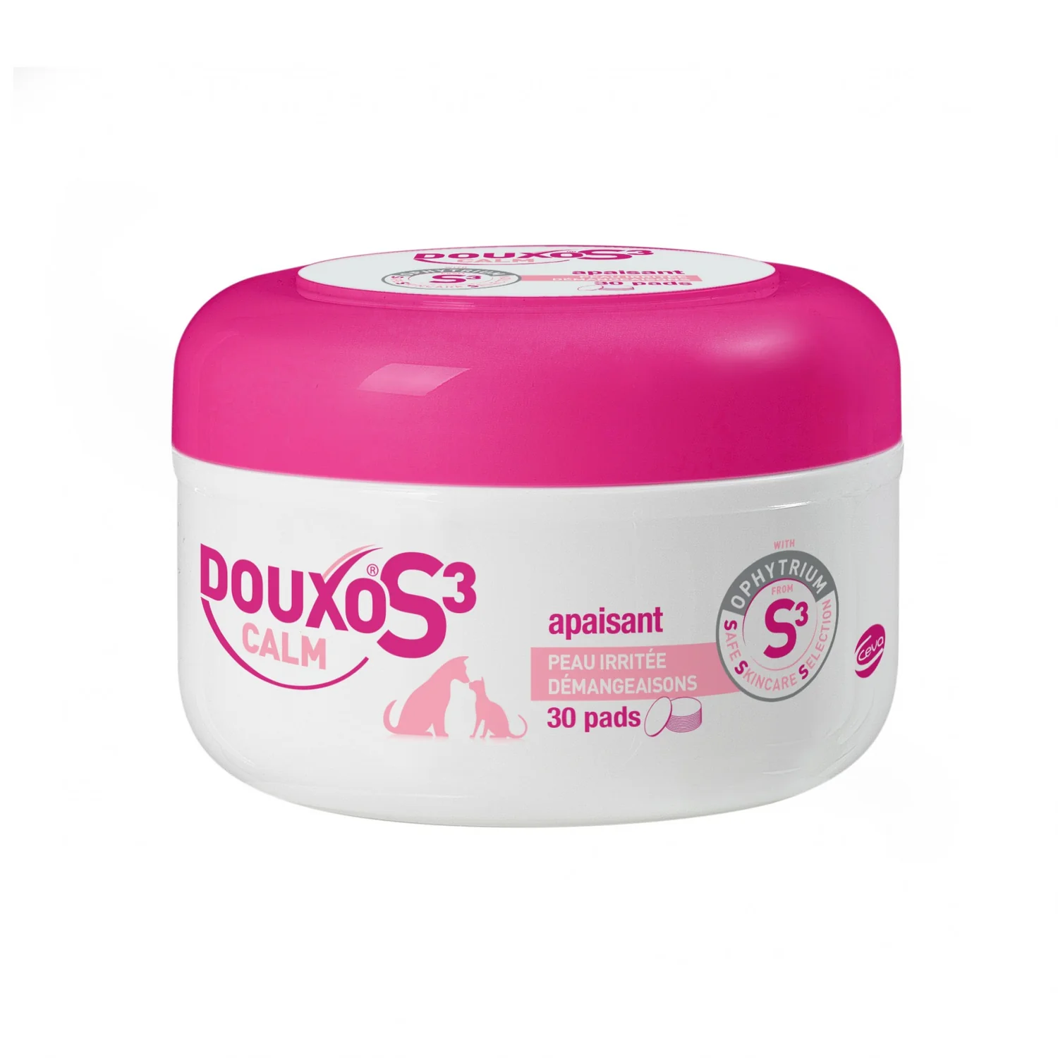 Pot blanc avec couvercle rose de 30 lingettes DOUXO S3 Calm Pads pour le soin localisé des peaux irritées chez le chien et le chat.