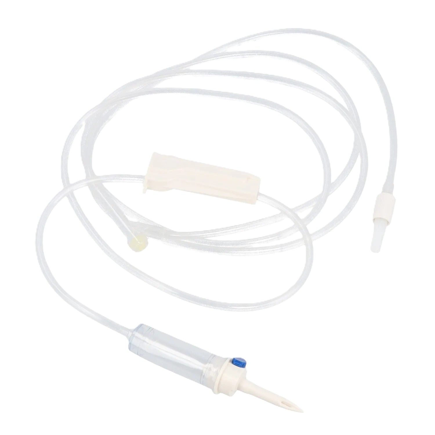 Kit de perfusion stérile avec chambre de goutte-à-goutte, régulateur de débit, tubulure de 180 cm et connecteur Luer rotatif.