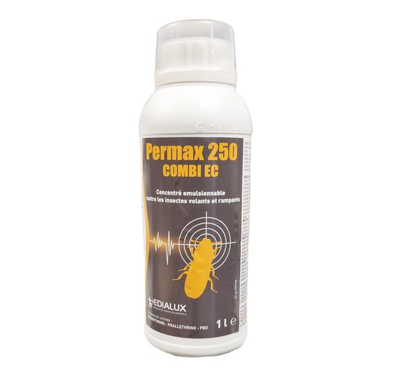 Bidon de 1 litre d'insecticide Permax 250 Combi EC de la marque Edialux, concentré professionnel contre les insectes volants et rampants.