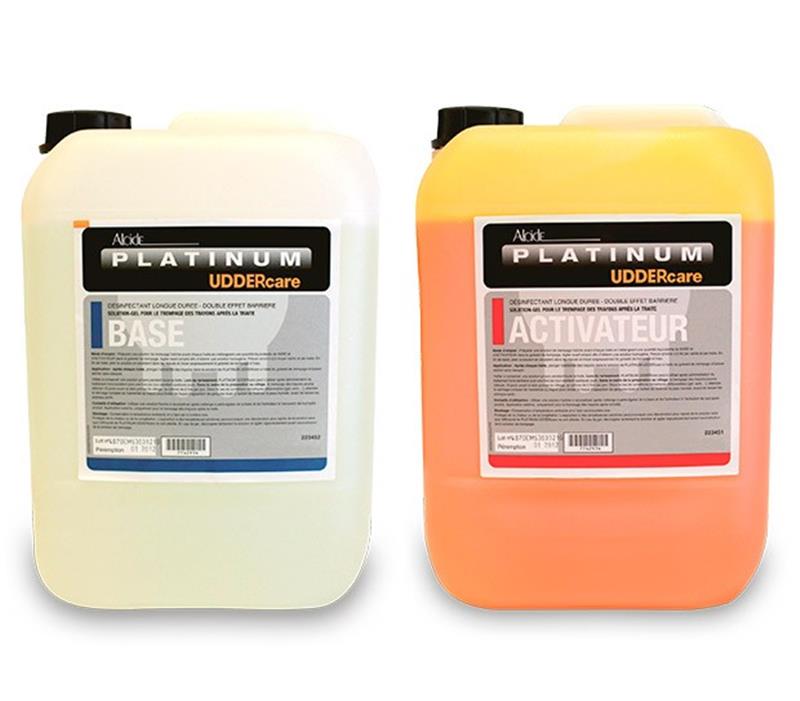 Pack Platinum Uddercare de 2 bidons de 20 litres, Base et Activateur, pour l'hygiène et la désinfection de la mamelle des vaches laitières.