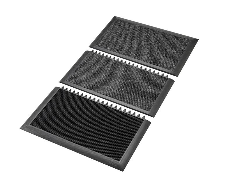 Kit de 3 tapis de sol industriels comprenant un bac de désinfection à picots en caoutchouc et deux tapis absorbants gris de séchage.
