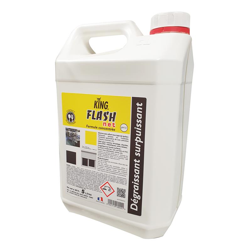 Bidon blanc de 5 litres de dégraissant surpuissant FLASH'NET KING, formule concentrée jaune, fabriqué en France et certifié contact alimentaire.