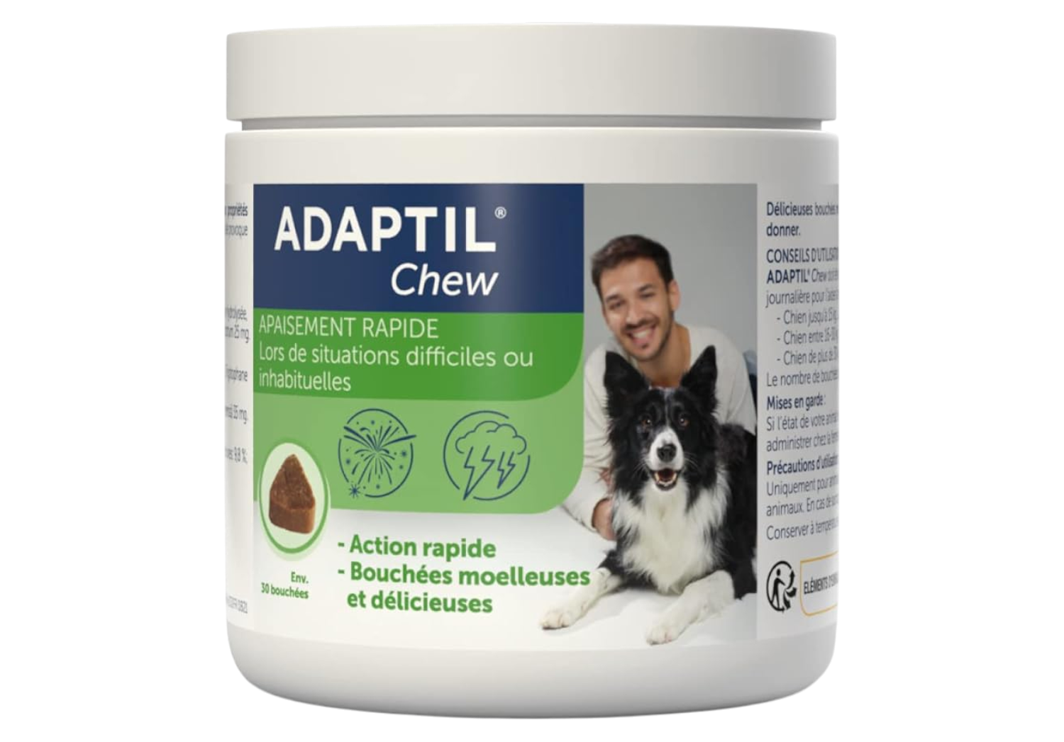 Pot blanc de 30 bouchées ADAPTIL Chew pour apaiser les chiens lors de situations stressantes sans somnolence.