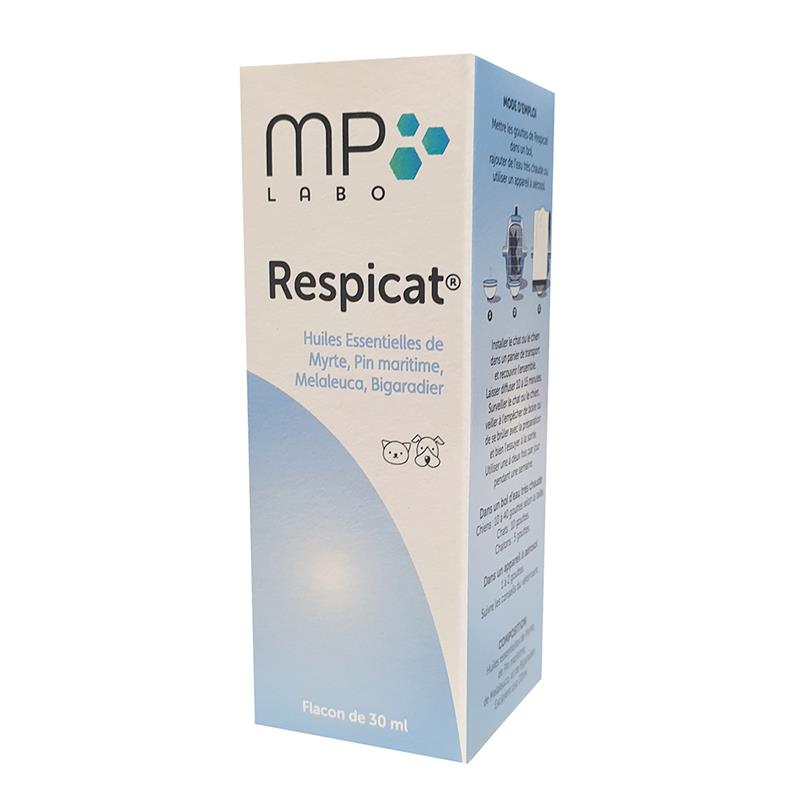 Boîte et flacon de 30 ml de Respicat MP Labo, complexe d'huiles essentielles pour le confort respiratoire des chiens et des chats.