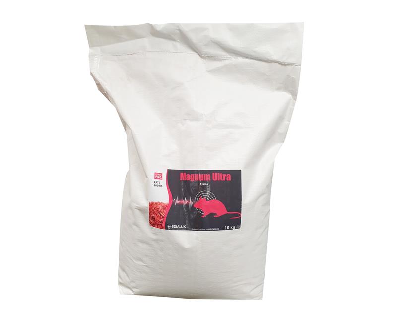 Sac blanc de 10 kg de rodenticide MAGNUM ULTRA Edialux, appât sur avoine au Brodifacoum pour l'élimination des rats et souris en intérieur et autour des bâtiments.