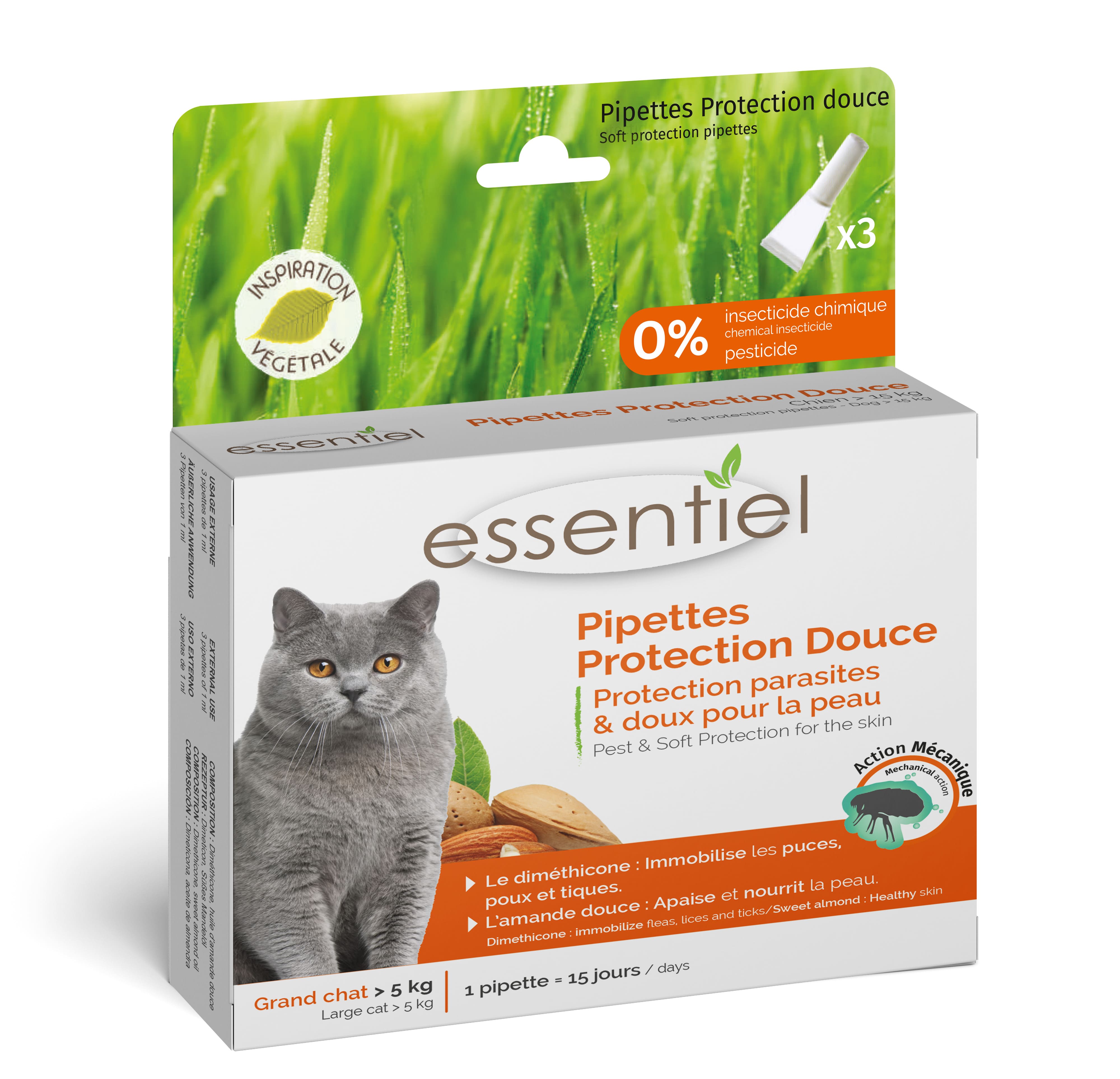 Boite de 3 pipettes antiparasitaires Essentiel Protection Douce dimethicone pour grand chat de plus de 5kg.