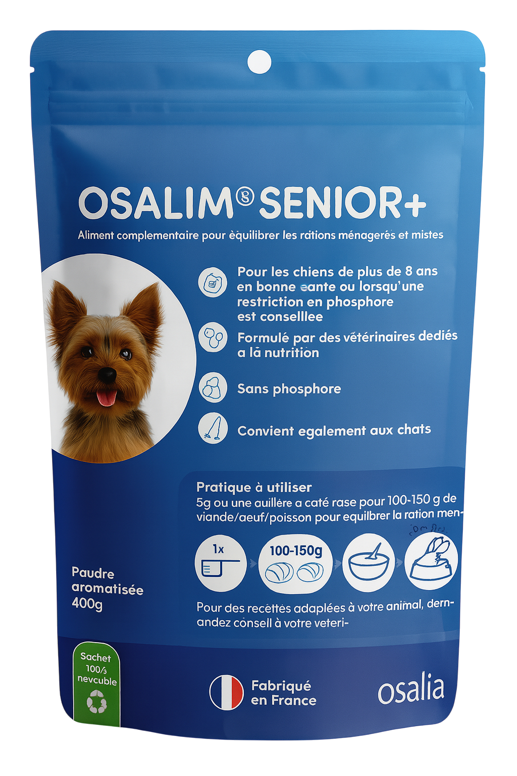 Osalim Senior+ Chien Osalia – complément nutritionnel sans phosphore pour chiens âgés, soutient la vitalité et la fonction rénale.