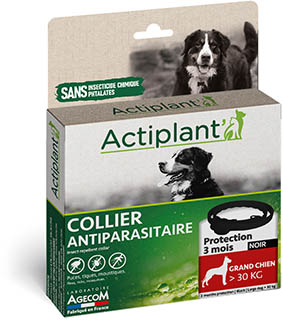Boîte collier antiparasitaire Actiplant grand chien noir sans insecticide chimique.