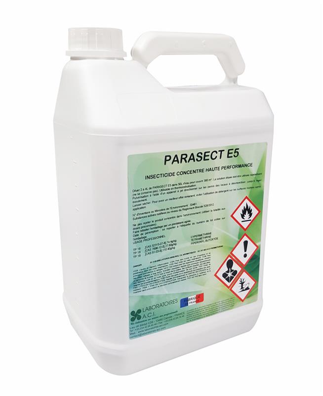Bidon de 5 litres d'insecticide concentré PARASECT E5 haute performance, solution professionnelle pour le traitement des insectes volants et rampants, fabriqué en France.