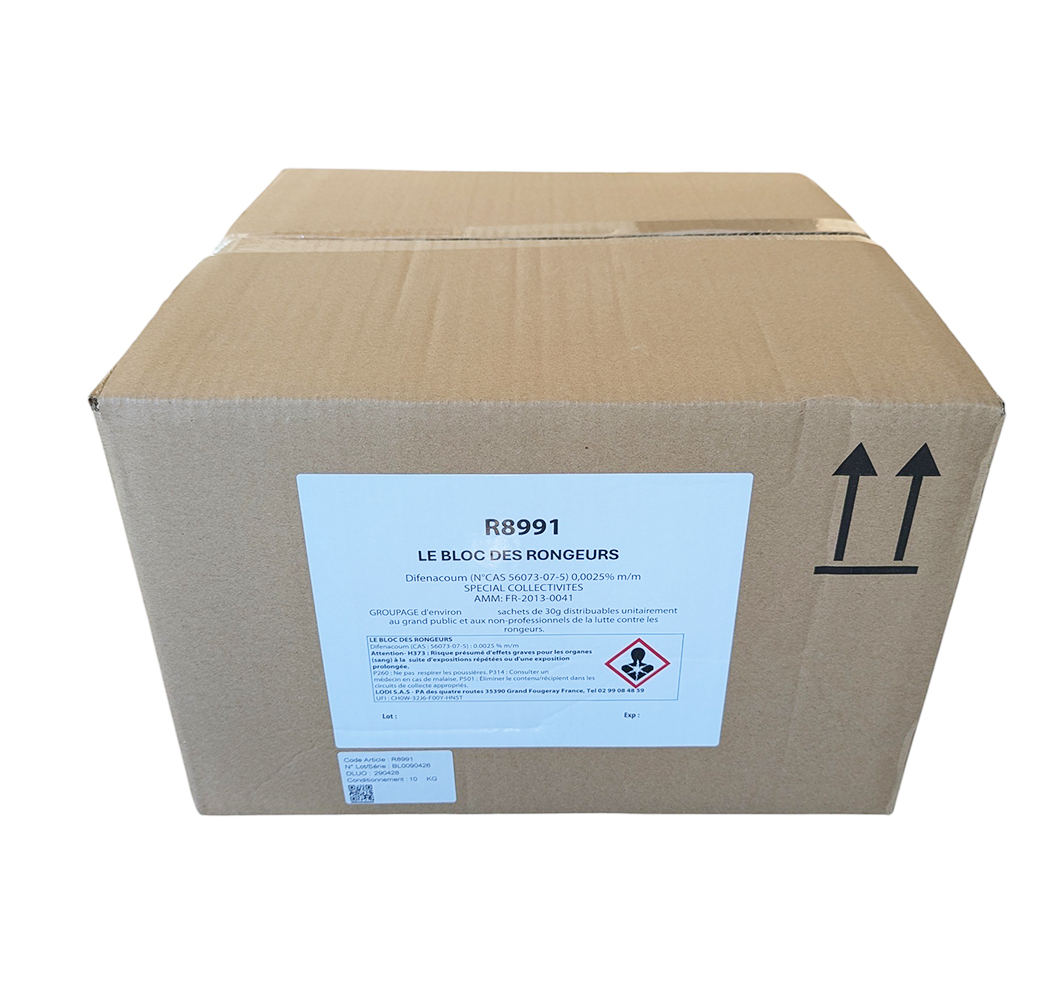 Carton de 10 kg Le Bloc des Rongeurs 25 PPM, spécial collectivités, contenant des blocs de 30 g au Difénacoum pour la lutte contre les rats et souris.