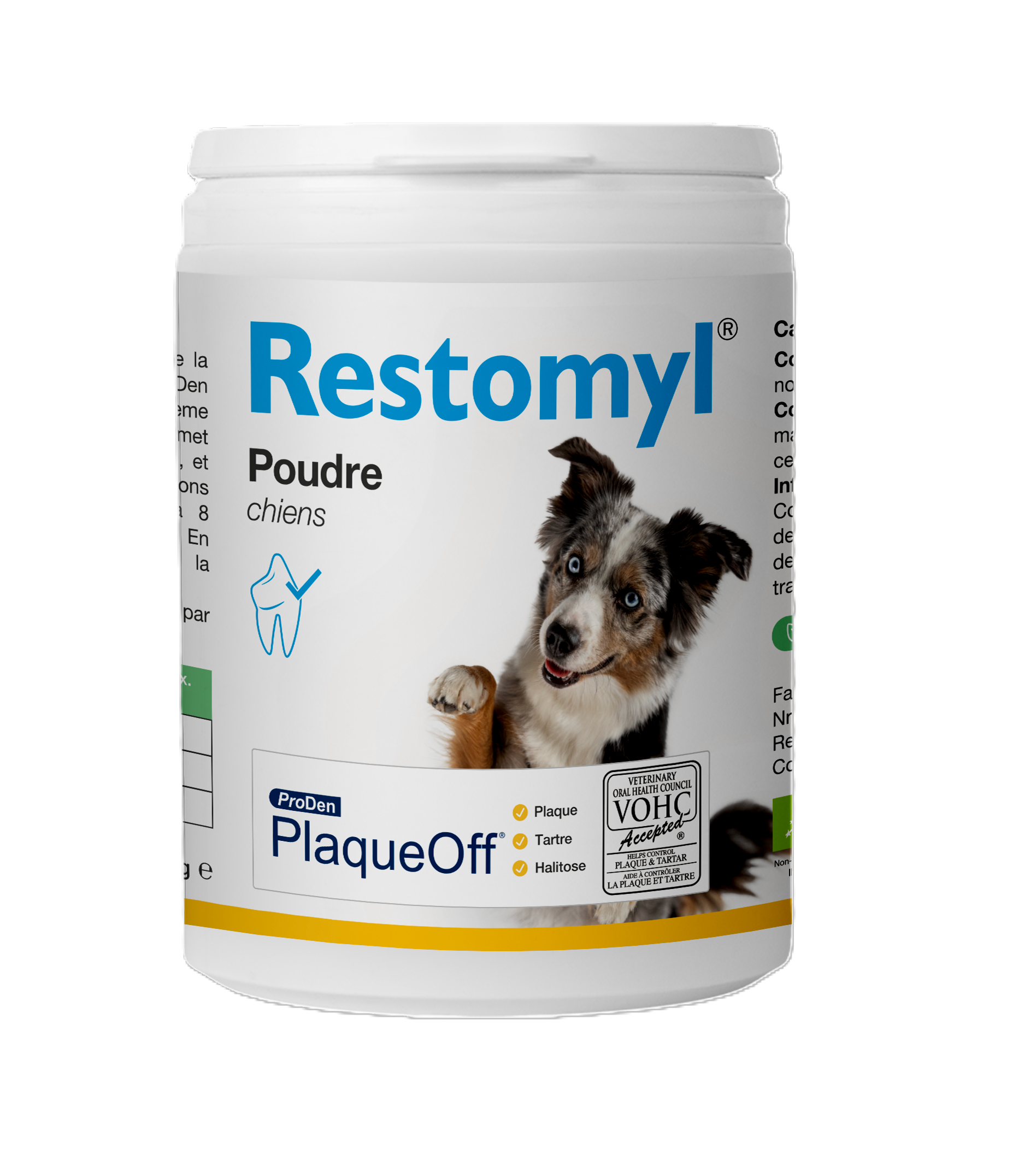 Pot de 180g de poudre bucco-dentaire Restomyl PlaqueOff pour chien avec cuillère doseuse.