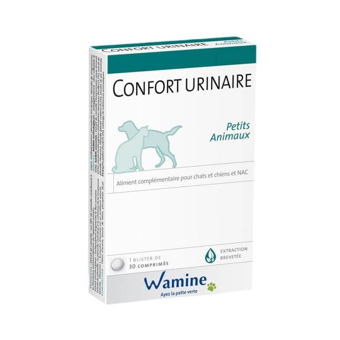 Boîte Wamine Confort Urinaire 30 comprimés pour chiens, chats et NAC, soutien naturel des voies urinaires.