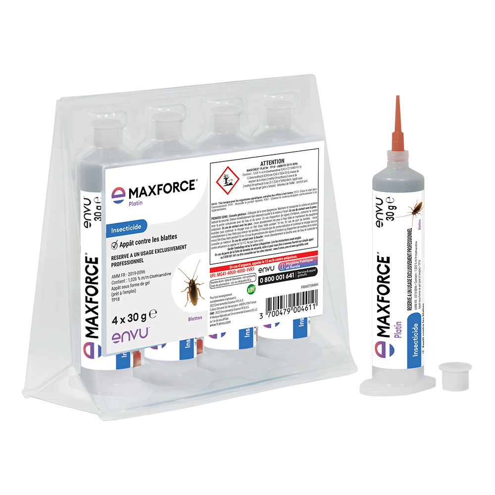 Pack de 4 cartouches de gel insecticide Maxforce Platin ENVU 30g, technologie billes bleues pour l'élimination des blattes et cafards.