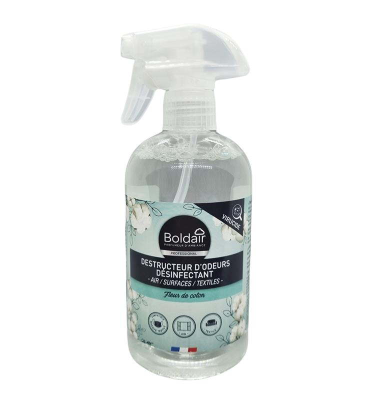 Flacon transparent de 500 ml avec pistolet pulvérisateur, Spray Boldair Professional Désinfectant Destructeur d'Odeurs senteur Fleur de Coton, compatible textiles et surfaces.