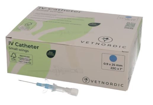 Boîte de 25 cathéters IV bleus Vetnordic 22G avec petites ailes et chambre de reflux transparente pour usage vétérinaire.