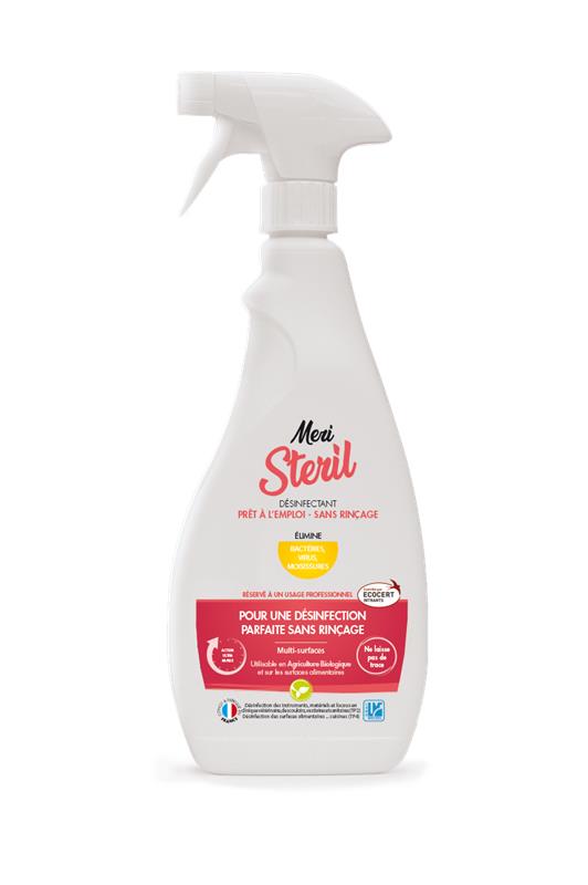 Spray Meri Steril de 750 ml, désinfectant multi-surfaces sans rinçage prêt à l'emploi pour les professionnels de l'alimentaire et de l'élevage.
